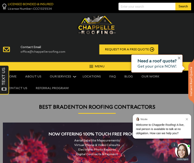Homepage of Chappelle Roofing LLC